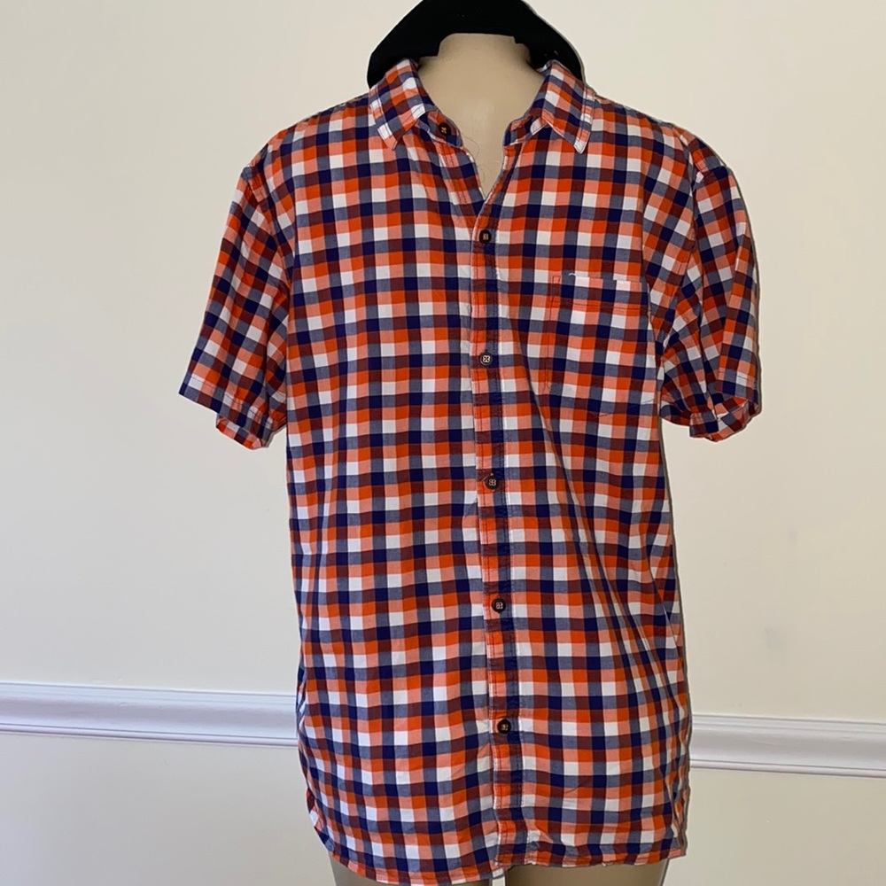 Texwood Men’s short sleeve Blue, Orange, and White Plaid Shirt
